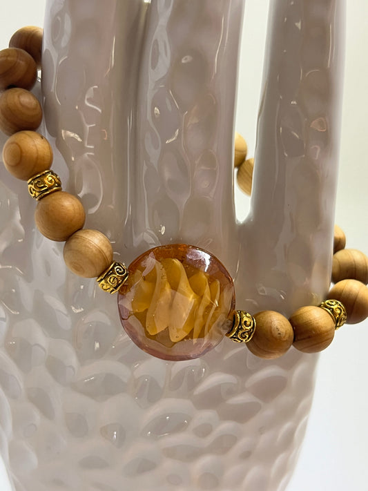 Wood Grain Bracelet w Amber Bead