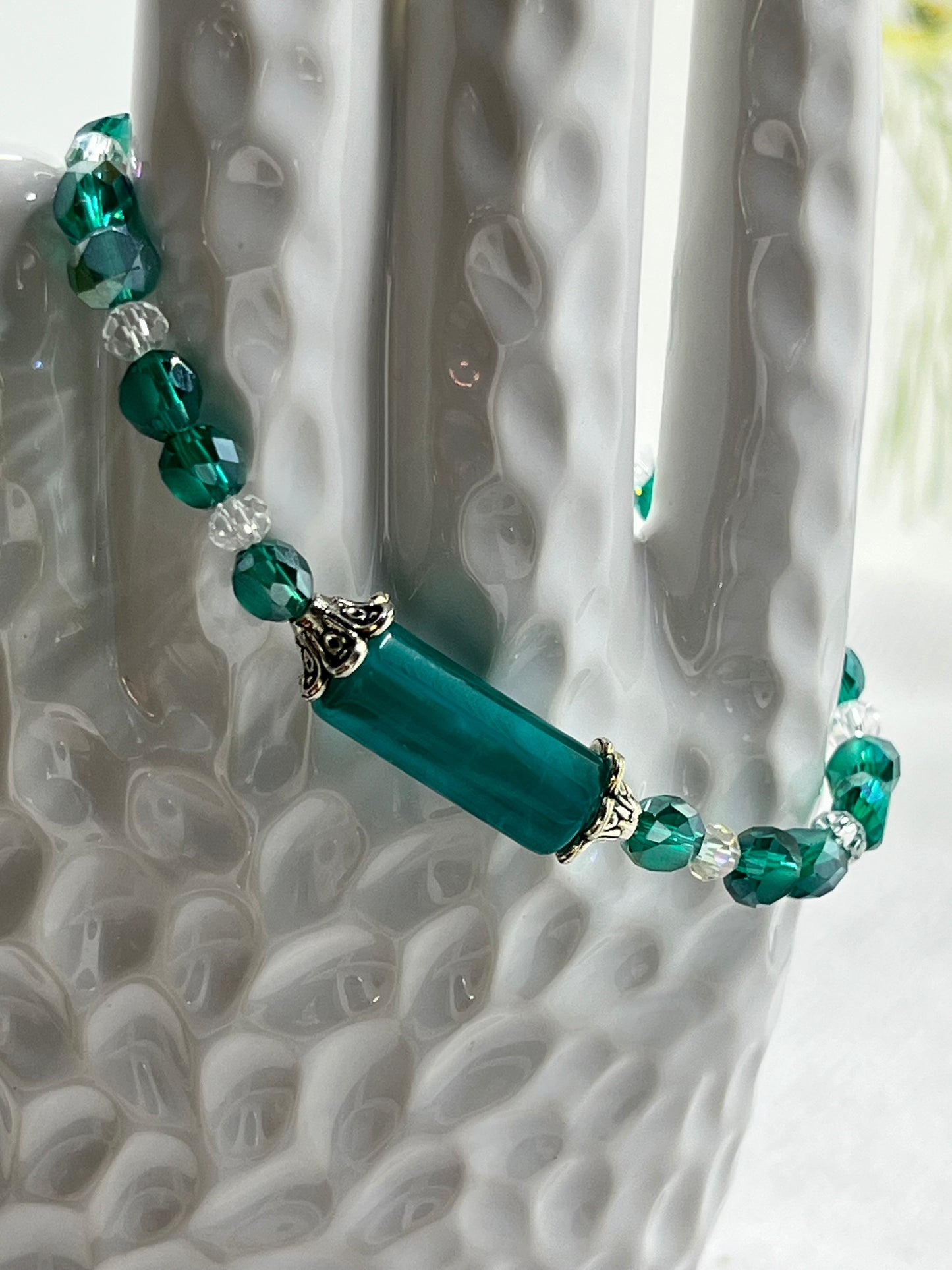 Green and Clear Crystal Bead Bracelet with a Cylinder Center